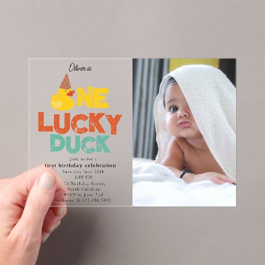One Lucky Duck Invite 1st  First Birthday Photo アクリル招待状 (インサイチュ (ポータブル))