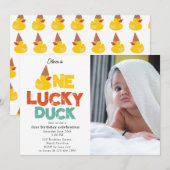 One Lucky Duck Invite 1st  First Birthday Photo 招待状 (正面/裏面)