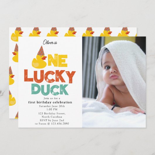 One Lucky Duck Invite 1st  First Birthday Photo 招待状 (正面/裏面)