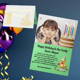 One Lucky Duck Photo ガーリー 1st Birthday 箔グリーティングカード