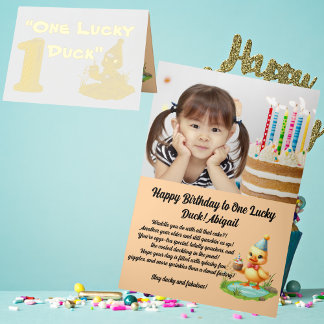 One Lucky Duck Photo ガーリー 1st Birthday 箔グリーティングカード