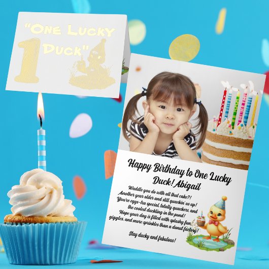 One Lucky Duck Photo ガーリー 1st Birthday 箔グリーティングカード
