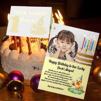 One Lucky Duck Photo ガーリー 1st Birthday 箔グリーティングカード