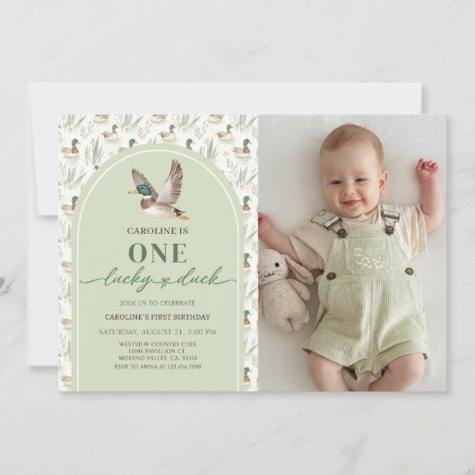 One Lucky Mallard Ducks 1st Birthday Photo 招待状 (正面)