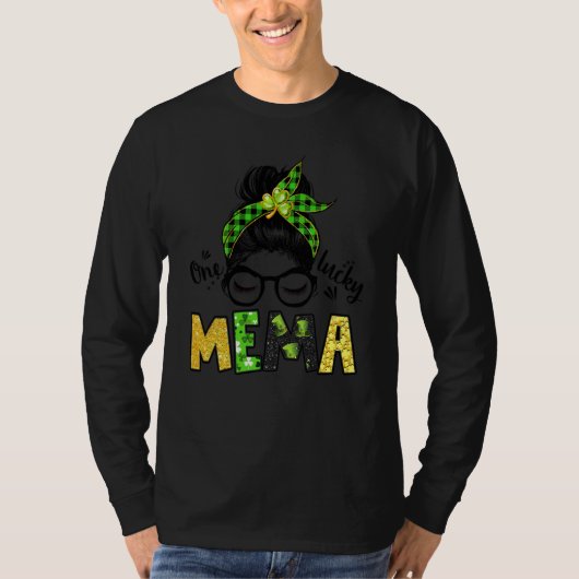 One Lucky Mema Messy Bun Leopard St Patrick's Day Tシャツ (正面)