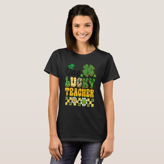 One Lucky Teacher St Patricks Day Teacher Groovy V Tシャツ (正面フル)