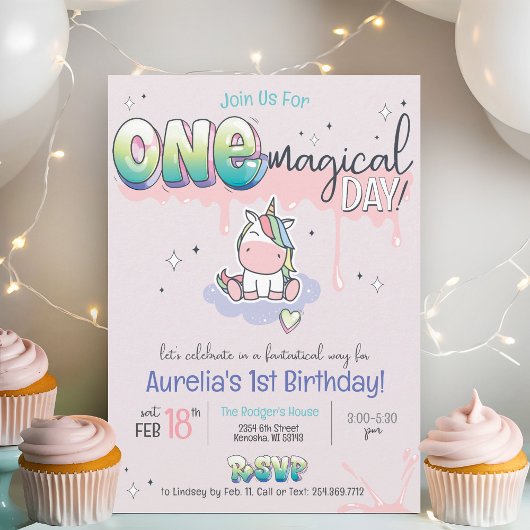 ONE Magic Day Unicorn Graffiti Girl 1st Birthday 招待状