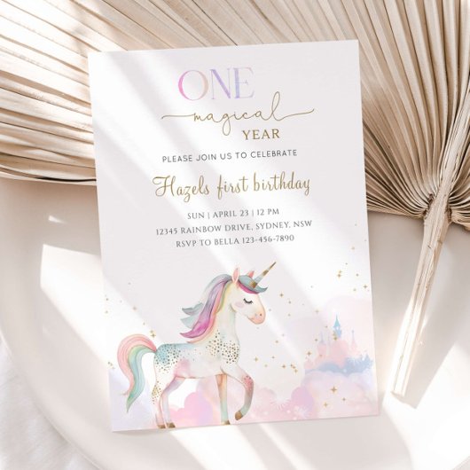 One Magical Year Pastel Unicorn 1st Birthday Party 招待状