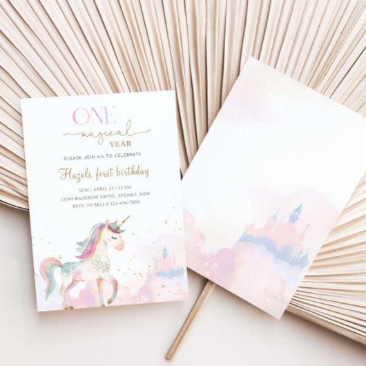 One Magical Year Pastel Unicorn 1st Birthday Party 招待状