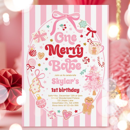 One Merry Babe Christmas Coquette Bow 1st Birthday 招待状
