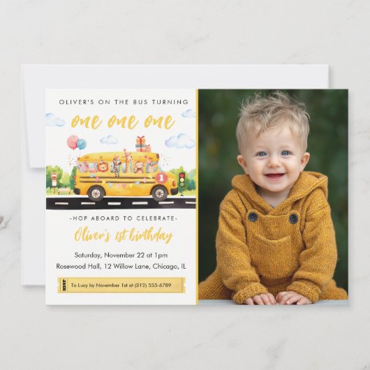 One One One School Bus 1st Birthday Invitation 招待状 (正面)