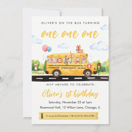 One one one School Bus 1st Birthday Invitation 招待状 (正面)
