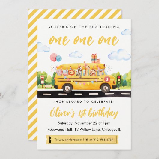One one one School Bus 1st Birthday Invitation 招待状 (正面/裏面)