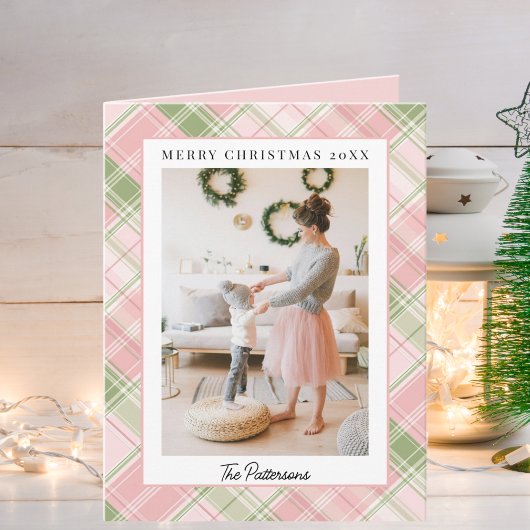 One Photo Classic Plaid Green and Pink Christmas   シーズンカード