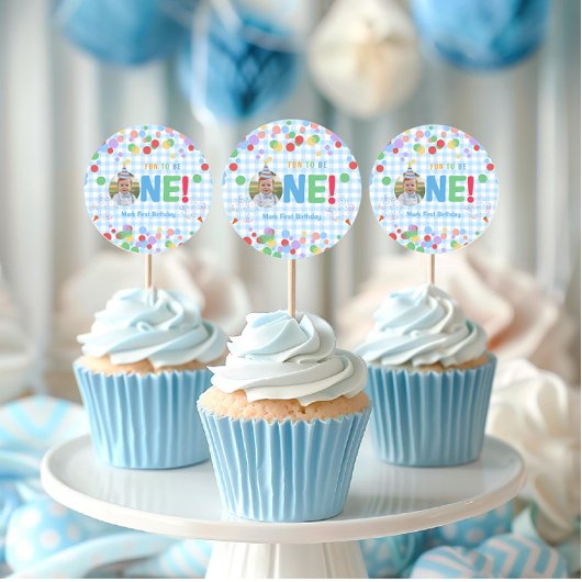  One Photo First Birthday  Cupcake Topper ラウンドシール