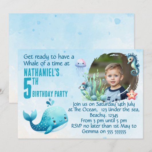 One Photo Whale 5th Birthday Party Invitation 招待状 (正面/裏面)