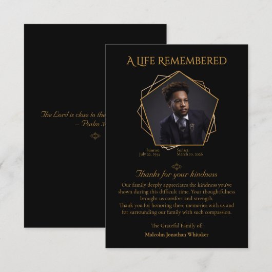 One Photo with Warm Brown Text on Black Background サンキューカード (正面/裏面)