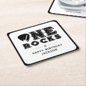 One Rocks Guitar Pick 1st Birthday Party スクエアペーパーコースター (アングル)