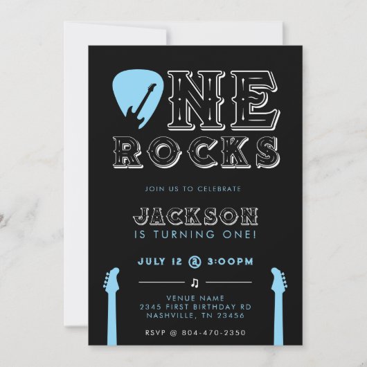 One Rocks Guitar Pick Blue 1st Birthday Party 招待状 (正面)