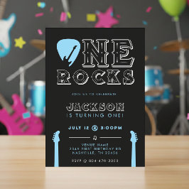 One Rocks Guitar Pick Blue 1st Birthday Party 招待状