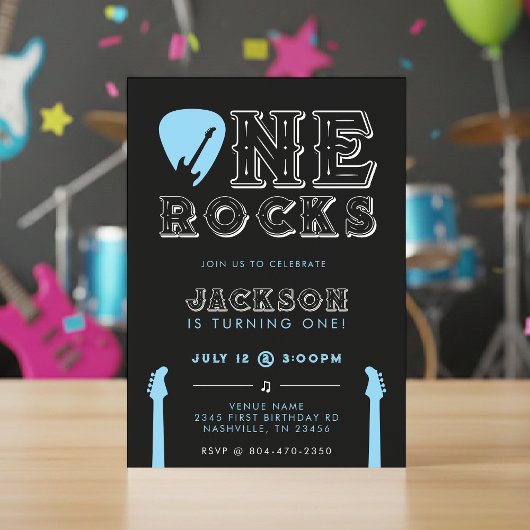 One Rocks Guitar Pick Blue 1st Birthday Party 招待状