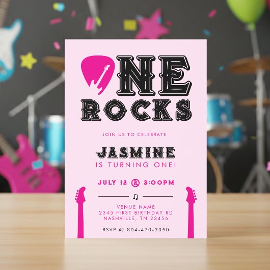 One Rocks Guitar Pick Pink 1st Birthday Party 招待状