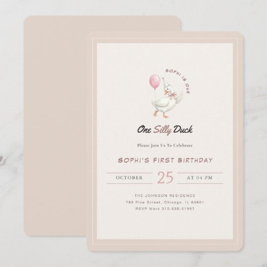 One Silly Duck Pink Bow Tie First Birthday 招待状 (正面/裏面)