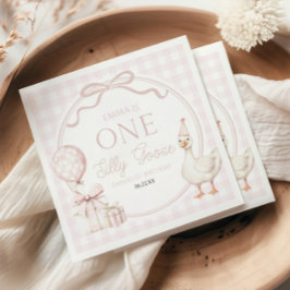 ONE Silly Goose ピンク リボン 1歳の誕生日パーティー スタンダードカクテルナプキン