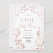 ONE Silly Goose ピンク 1歳の誕生日パーティー 招待状 (正面)