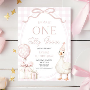 ONE Silly Goose ピンク 1歳の誕生日パーティー 招待状