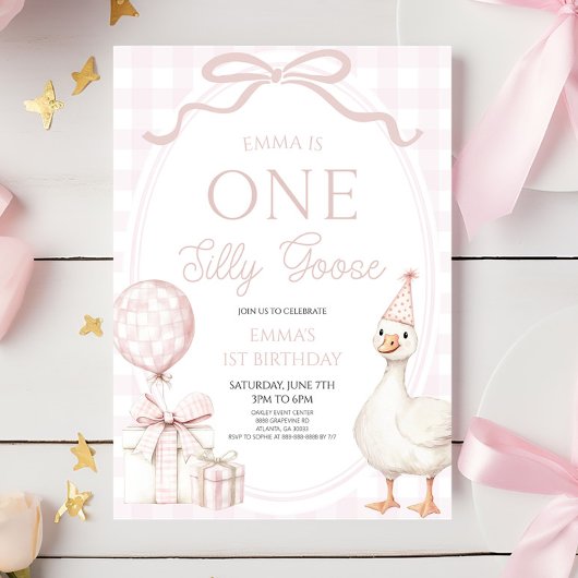ONE Silly Goose ピンク 1歳の誕生日パーティー 招待状
