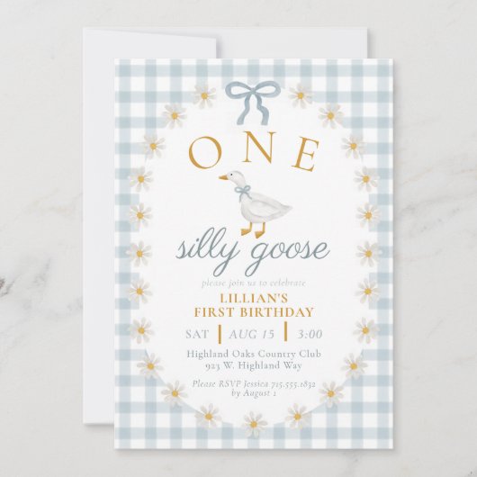 ONE Silly Goose ブルーのギンガムチェックとデイジーの1歳の誕生日 招待状 (正面)
