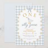 ONE Silly Goose ブルーのギンガムチェックとデイジーの1歳の誕生日 招待状 (正面/裏面)