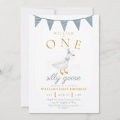 ONE Silly Goose ブルーのギンガムチェックの男の子の1歳の誕生日 招待状 (正面)