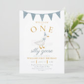 ONE Silly Goose ブルーのギンガムチェックの男の子の1歳の誕生日 招待状 (スタンド正面)