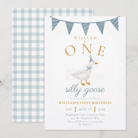 ONE Silly Goose ブルーのギンガムチェックの男の子の1歳の誕生日 招待状 (正面/裏面)