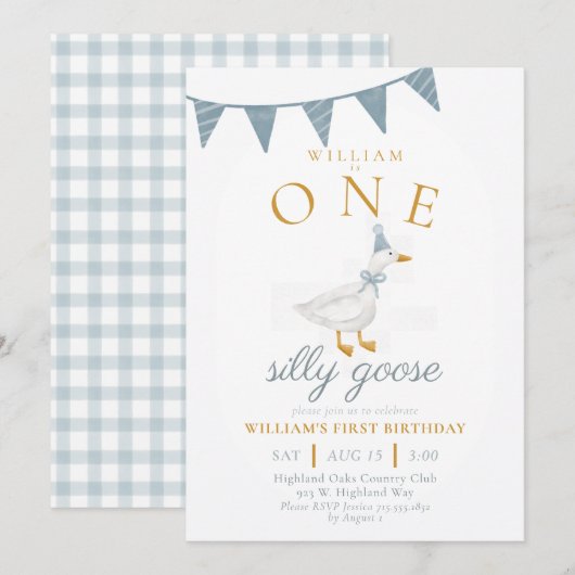 ONE Silly Goose ブルーのギンガムチェックの男の子の1歳の誕生日  招待状 (正面/裏面)
