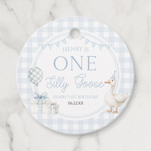 ONE Silly Goose ブルー 1歳の誕生日パーティー フェイバータグ (正面)