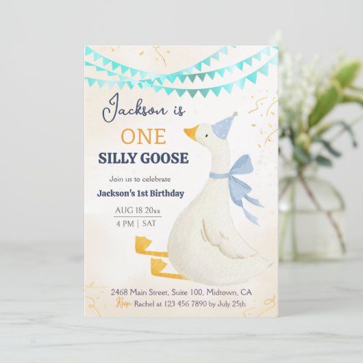 One silly goose 1st birthday blue cool cute boy 招待状 (スタンド正面)