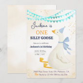 One silly goose 1st birthday blue cool cute boy 招待状 (正面/裏面)