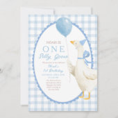 One Silly Goose 1st Birthday: Blue Gingham  招待状 (正面)