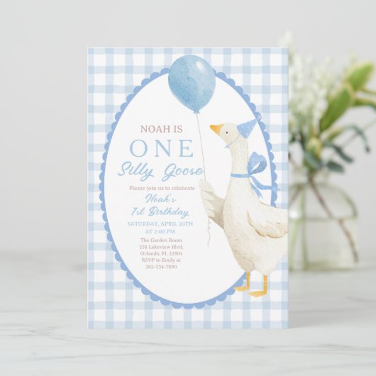 One Silly Goose 1st Birthday: Blue Gingham  招待状 (スタンド正面)