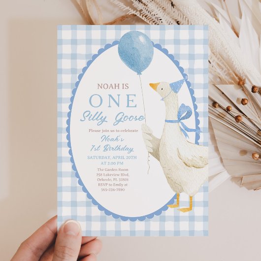 One Silly Goose 1st Birthday: Blue Gingham  招待状