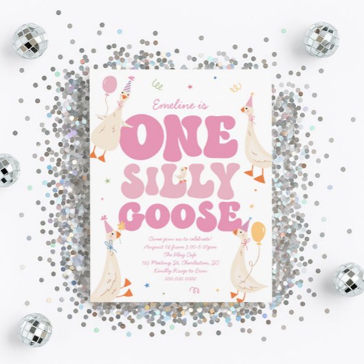One Silly Goose 1st Birthday Invitation Girl Pink  招待状