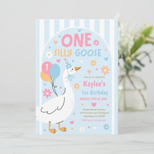 One Silly Goose 1st Birthday Party Spring Birthday 招待状 (スタンド正面)