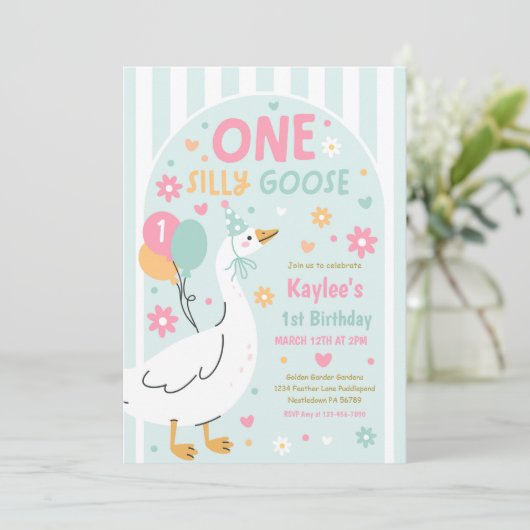 One Silly Goose 1st Birthday Party Spring Birthday 招待状 (スタンド正面)