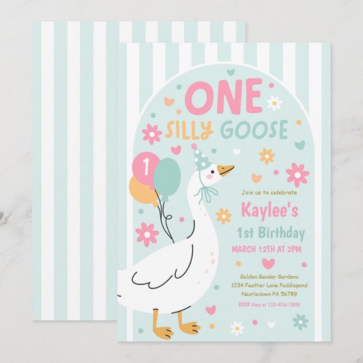 One Silly Goose 1st Birthday Party Spring Birthday 招待状 (正面/裏面)