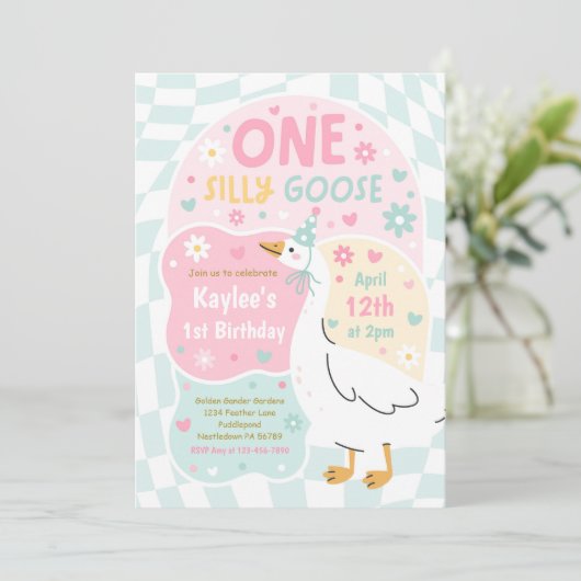 One Silly Goose 1st Birthday Party Spring Birthday 招待状 (スタンド正面)