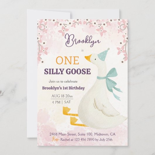 One silly goose 1st birthday pink floral girl cute 招待状 (正面)