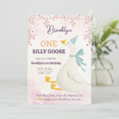 One silly goose 1st birthday pink floral girl cute 招待状 (スタンド正面)